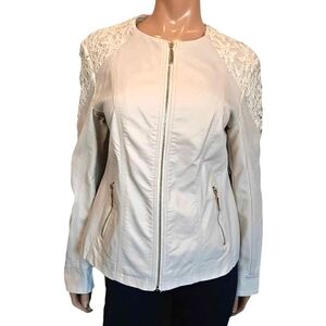 NEW Cleo Faux Leather Jacket Cream Gold Lace Accent Womens Size Medium Coat